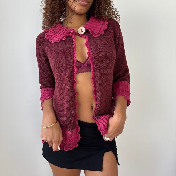 Vintage Jacqueline Riu French ruffled trim knit cardigan in berry & rose (Small) - Picture 1 of 9